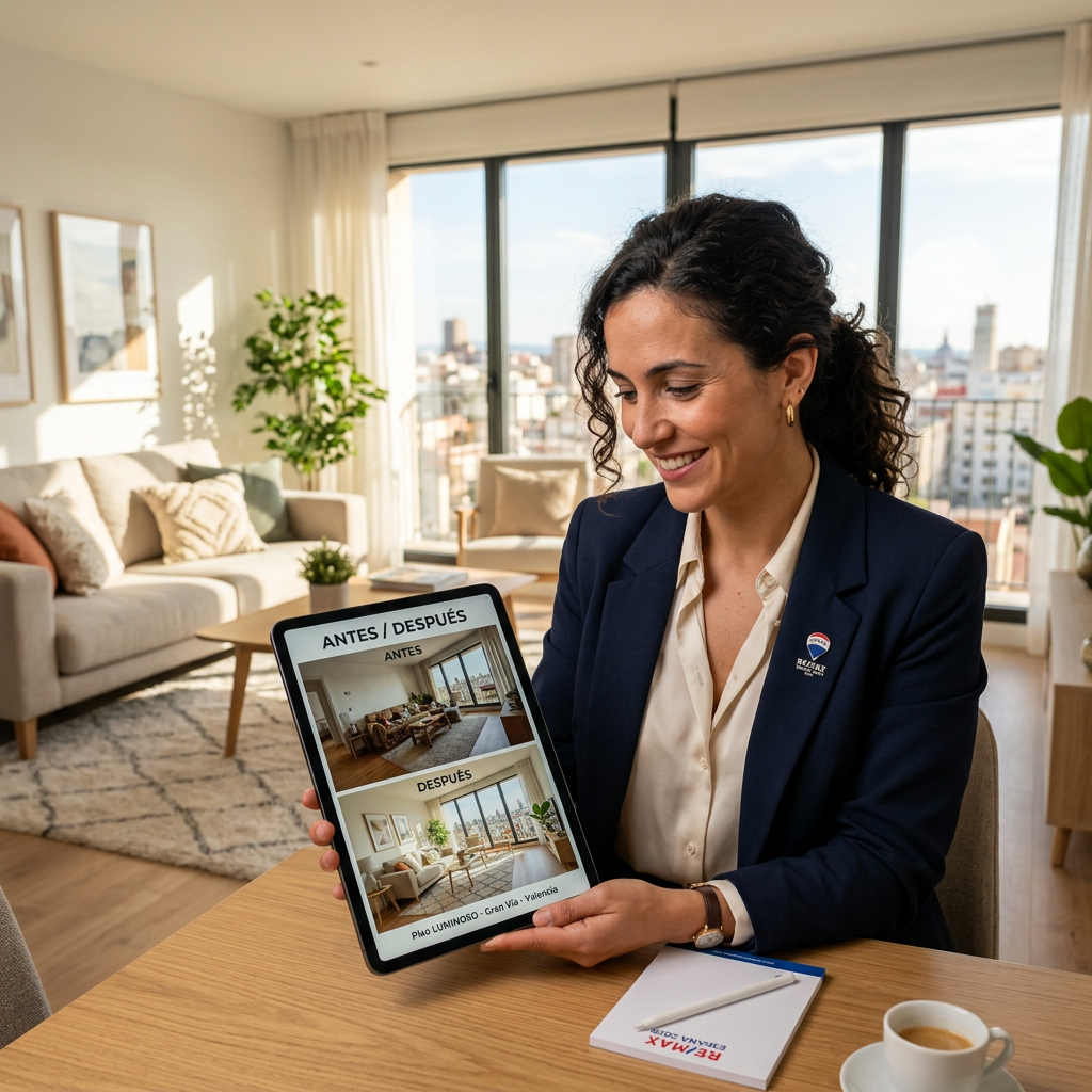 Agente inmobiliario revisando imágenes de home staging virtual en tablet para vender casa en 2026