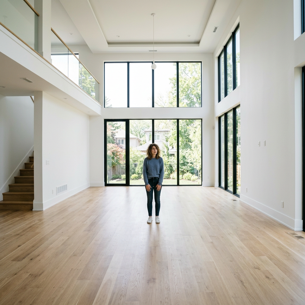 Persona frente a un salón vacío incapaz de visualizar el espacio amueblado