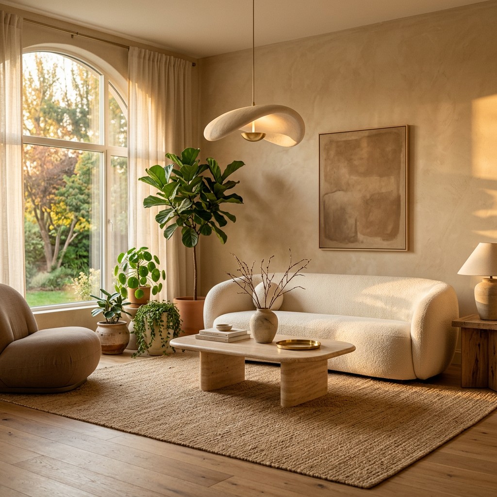 Salón 2026 con warm minimalism, plantas de gran formato y luz escultórica para home staging