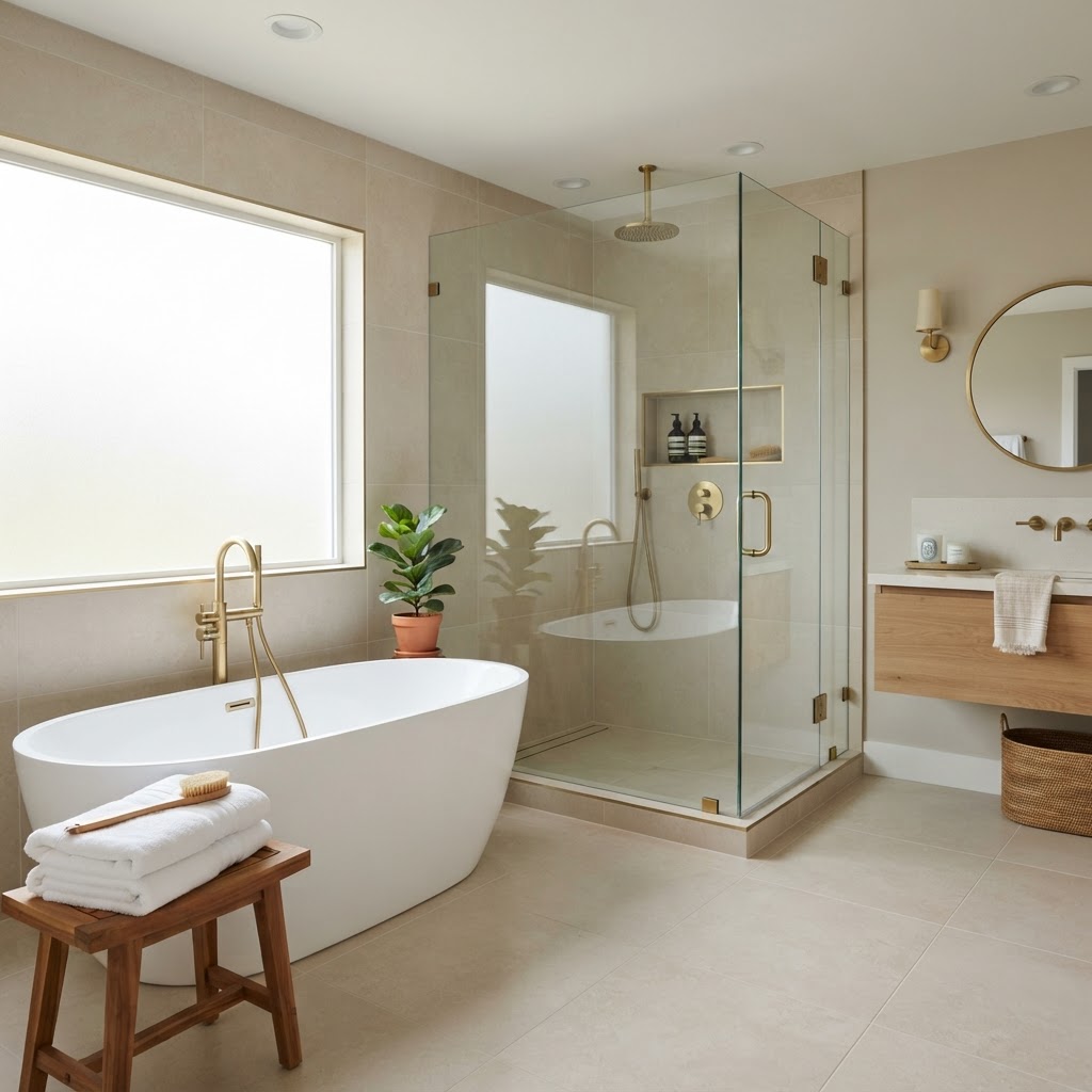 Baño anticuado transformado virtualmente con home staging con IA como ejemplo ilustrativo