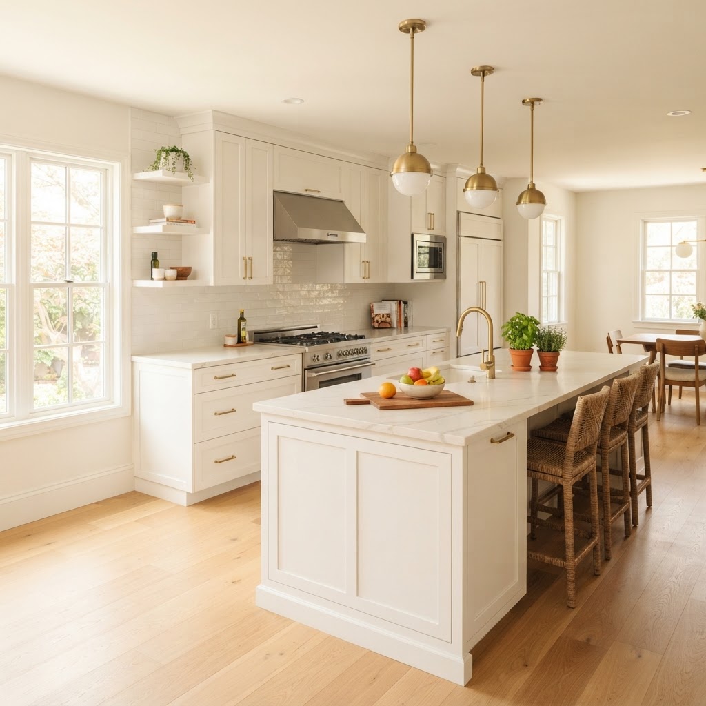 Cocina vacía transformada con home staging virtual mediante IA como ejemplo de antes y después
