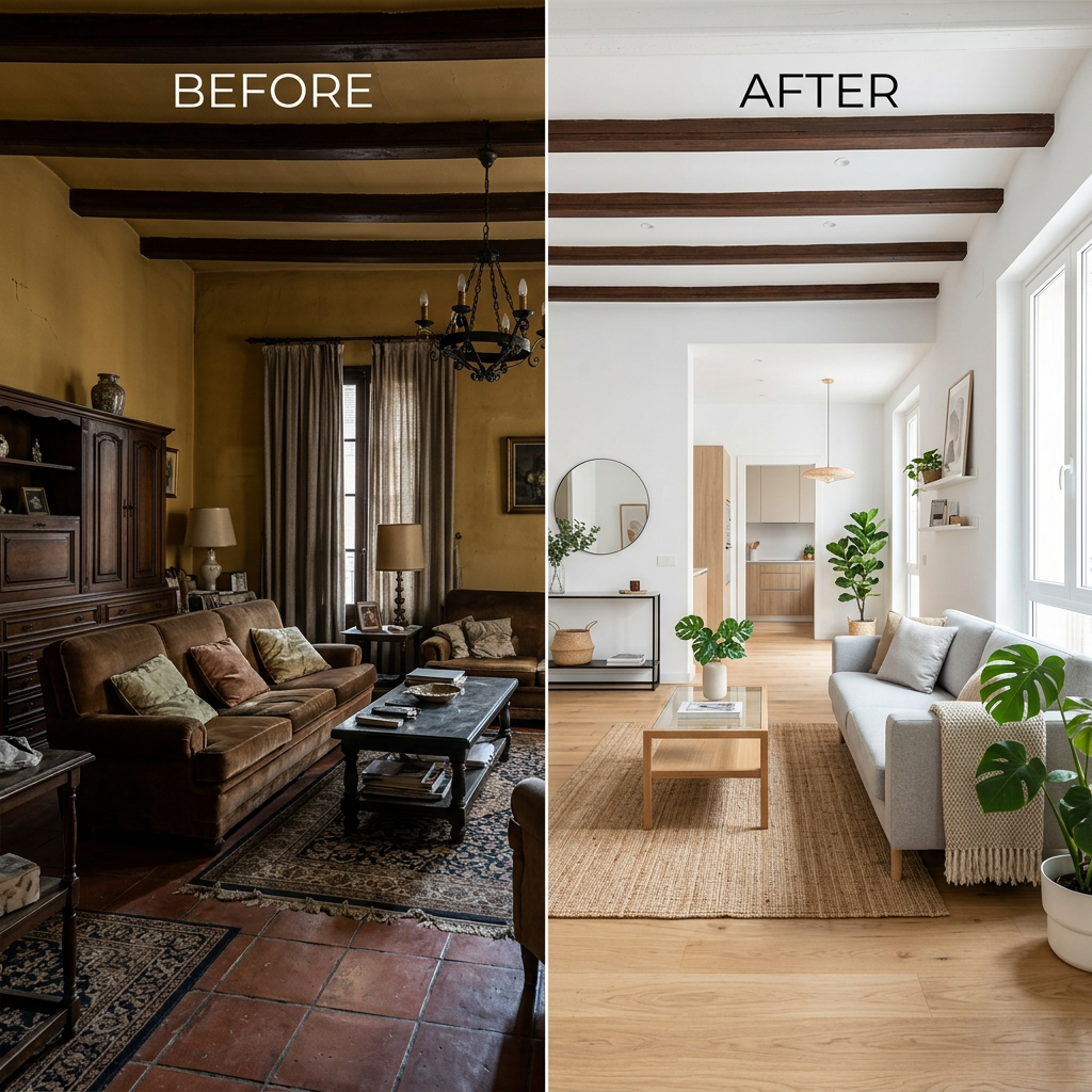 Comparativa antes y después de vivienda heredada antigua transformada con home staging virtual