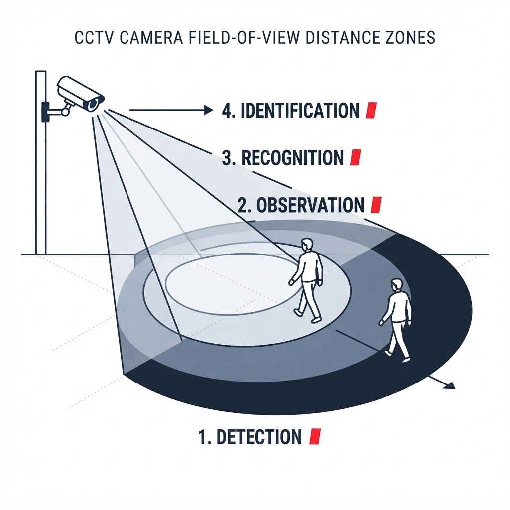 Illustration showing CCTV detection, observation, recognition and identification levels across a camera field of view.