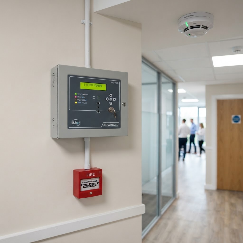 Commercial fire alarm system equipment in a UK business premises