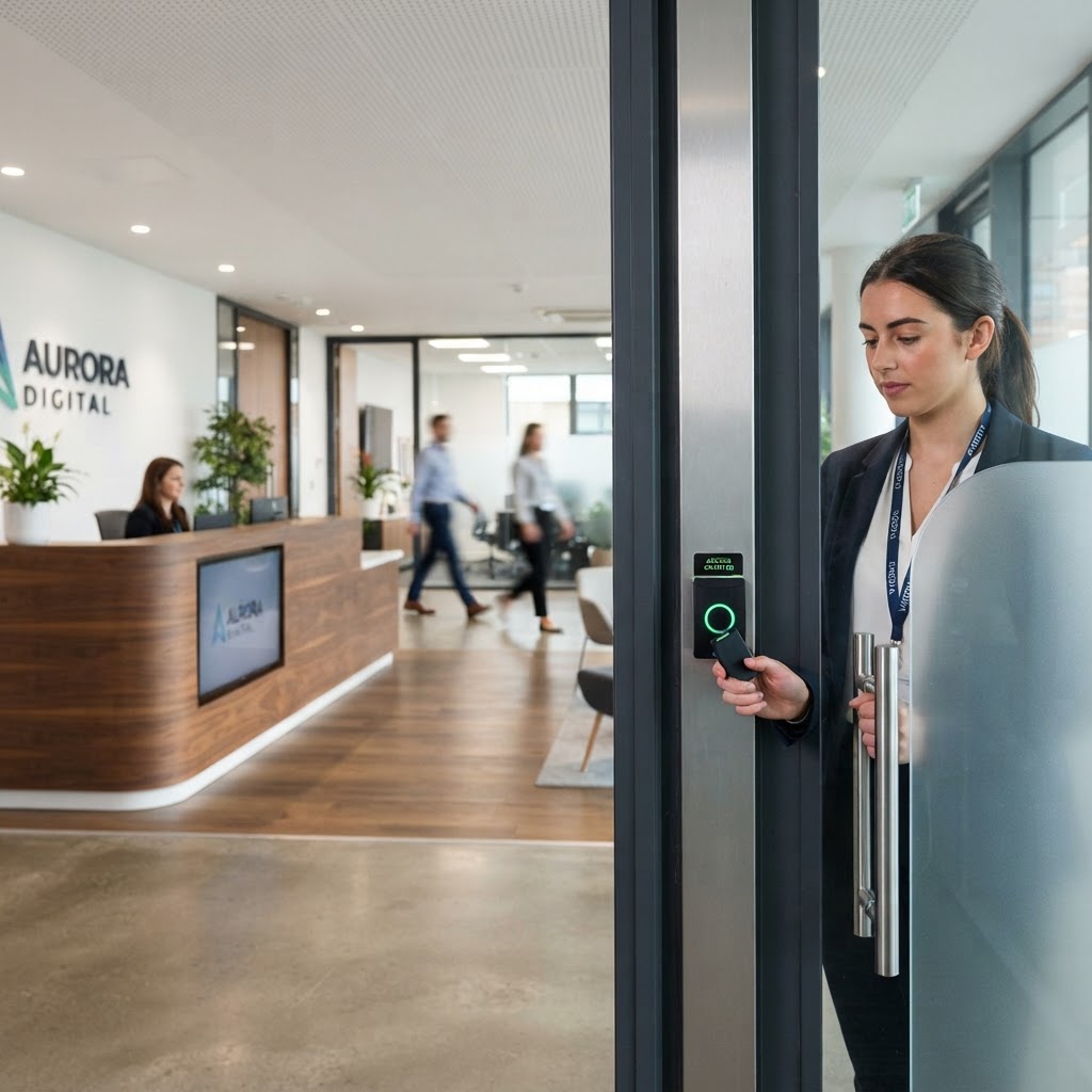 Employee using an electronic access control reader at a commercial building