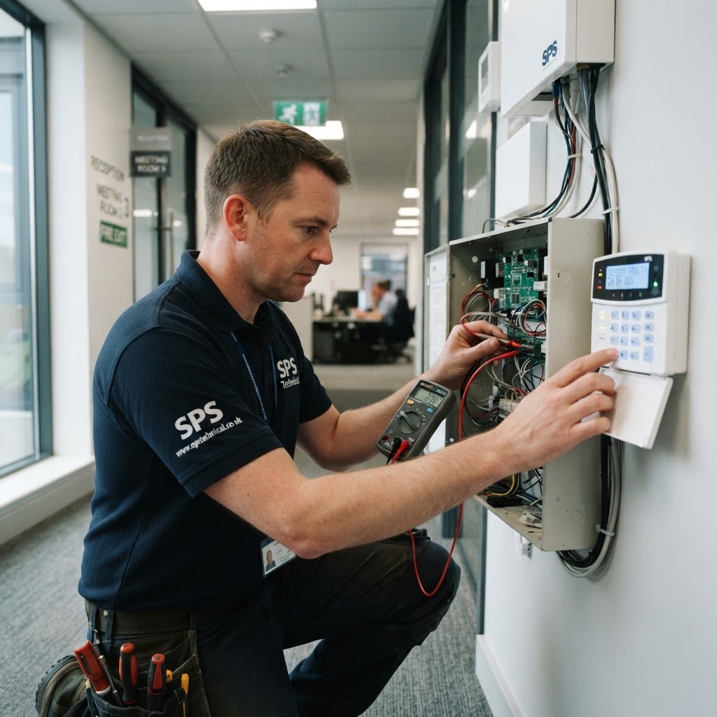 SPS Technical engineer diagnosing a commercial intruder alarm fault
