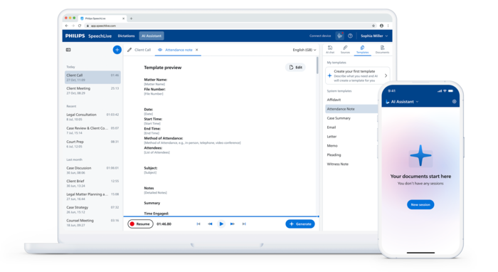 SpeechLive Legal AI template selection