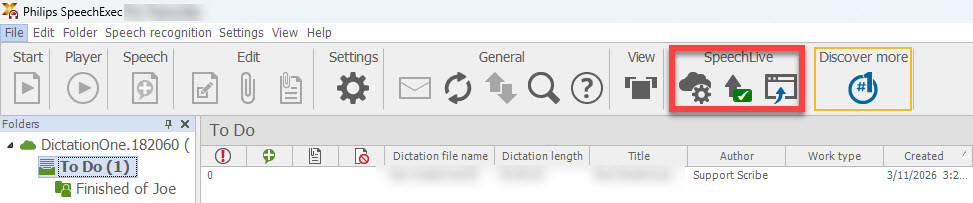 SpeechExec ribbon toolbar with the SpeechLive group highlighted