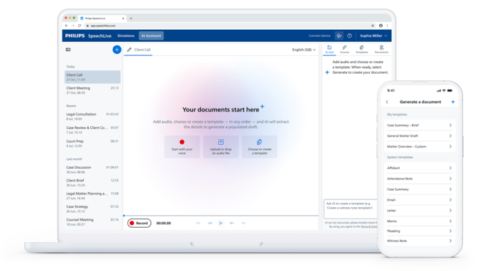 SpeechLive Legal AI generating a document