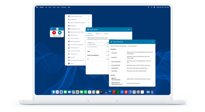 Voice commands and settings