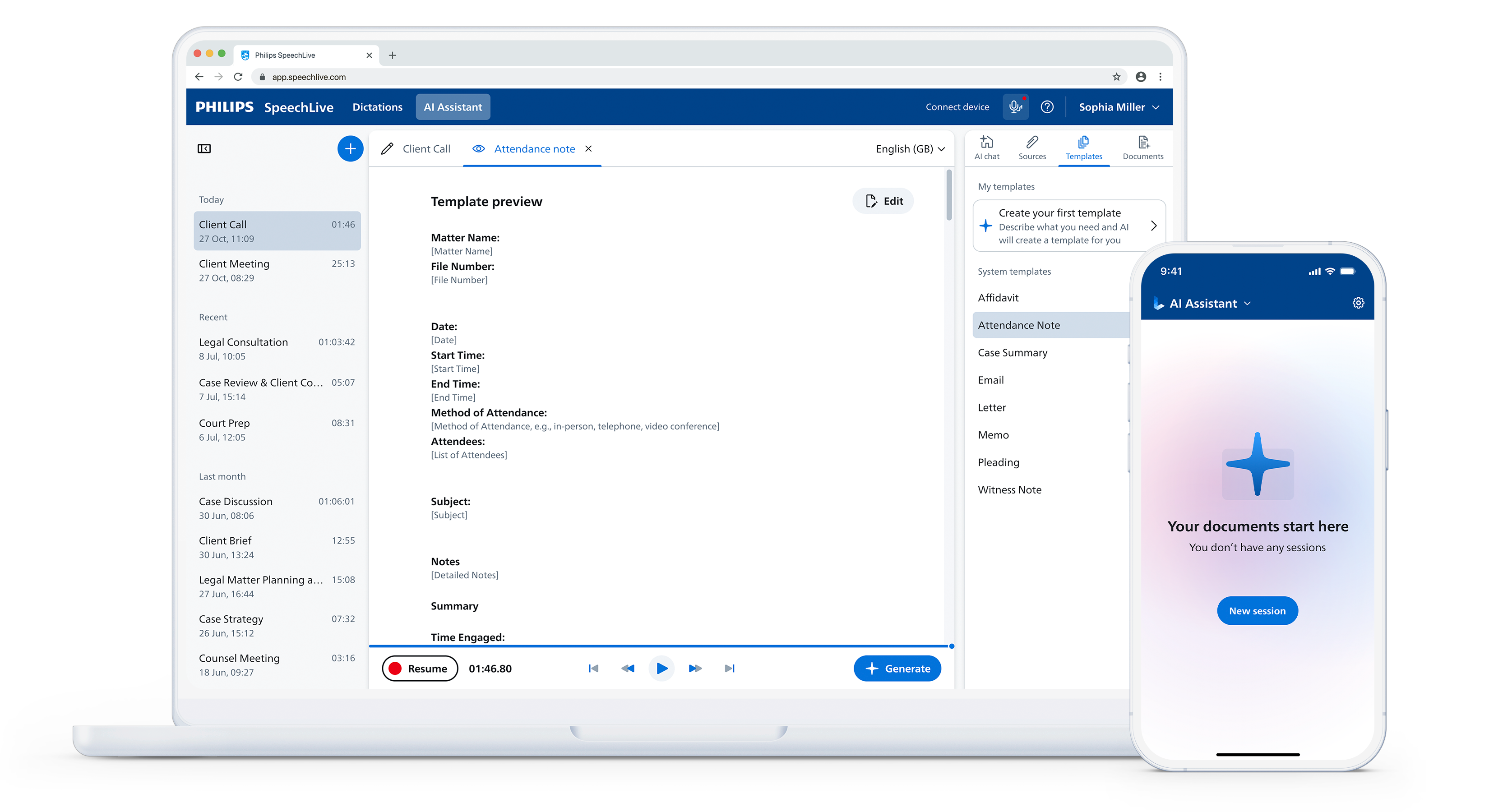 SpeechLive Legal AI Assistant interface