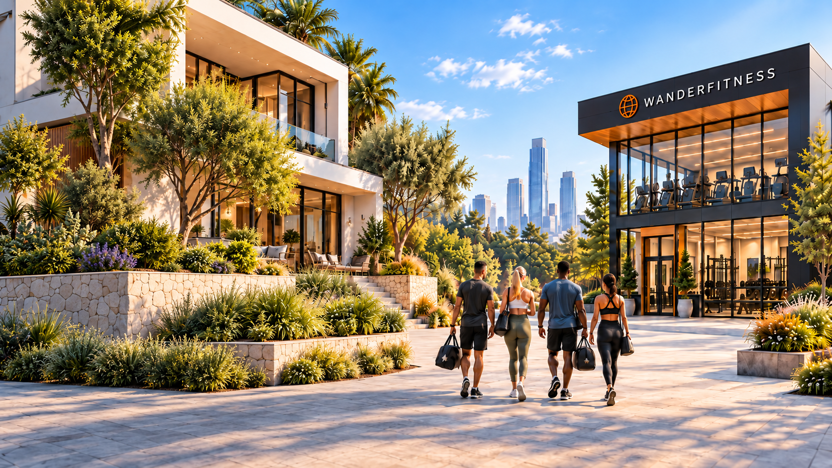 Guests walking toward a WanderFitness partner gym at golden hour
