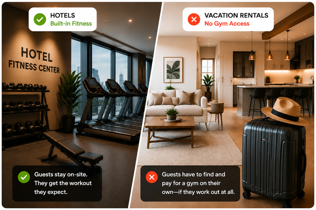 Hotel fitness center vs vacation rental interior