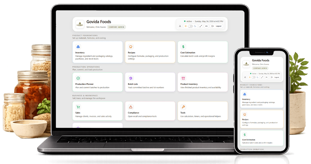 Wholecrafted dashboard shown on laptop and mobile screens with batch overview and traceability tools.