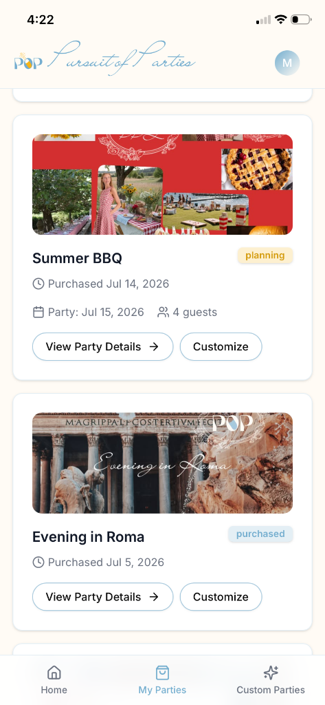 My Parties list view