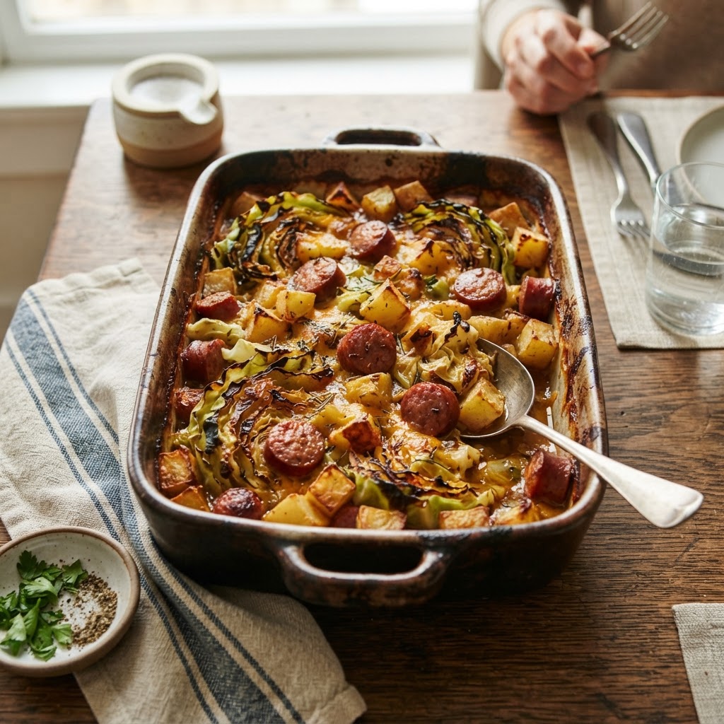 Smoky Sausage, Cabbage & Potato Casserole