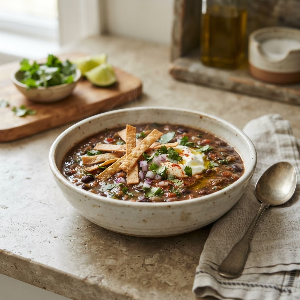 Weeknight Black Bean Soup with crispy tortilla strips