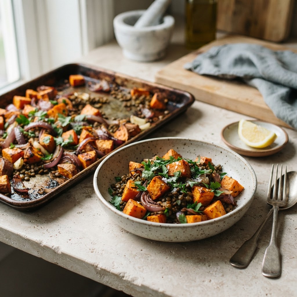 Sheet-Pan Lentils with Sweet Potatoes (lemon-garlic + tandoori spice)