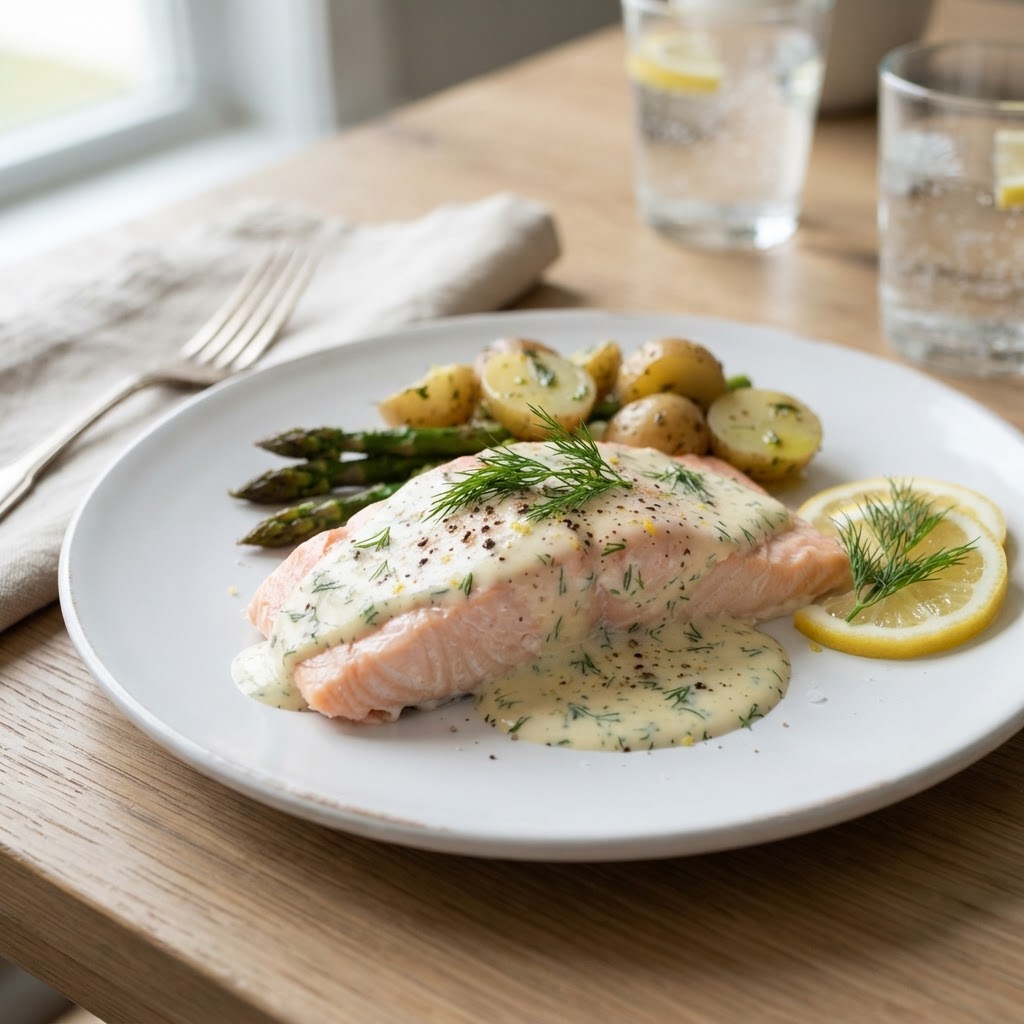 Poached Salmon with Lemon-Dill Sauce