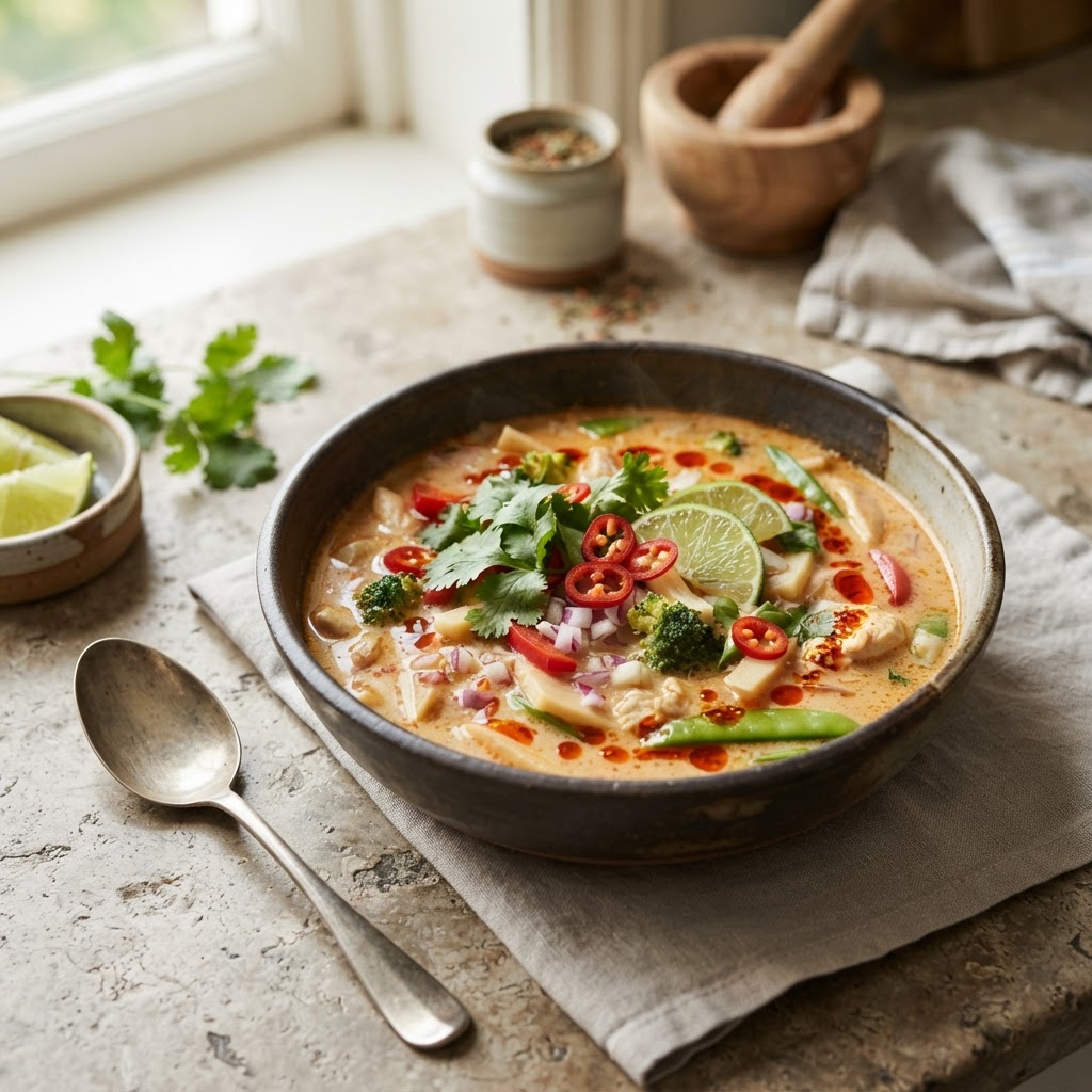Weeknight Thai Curry Soup with chili oil
