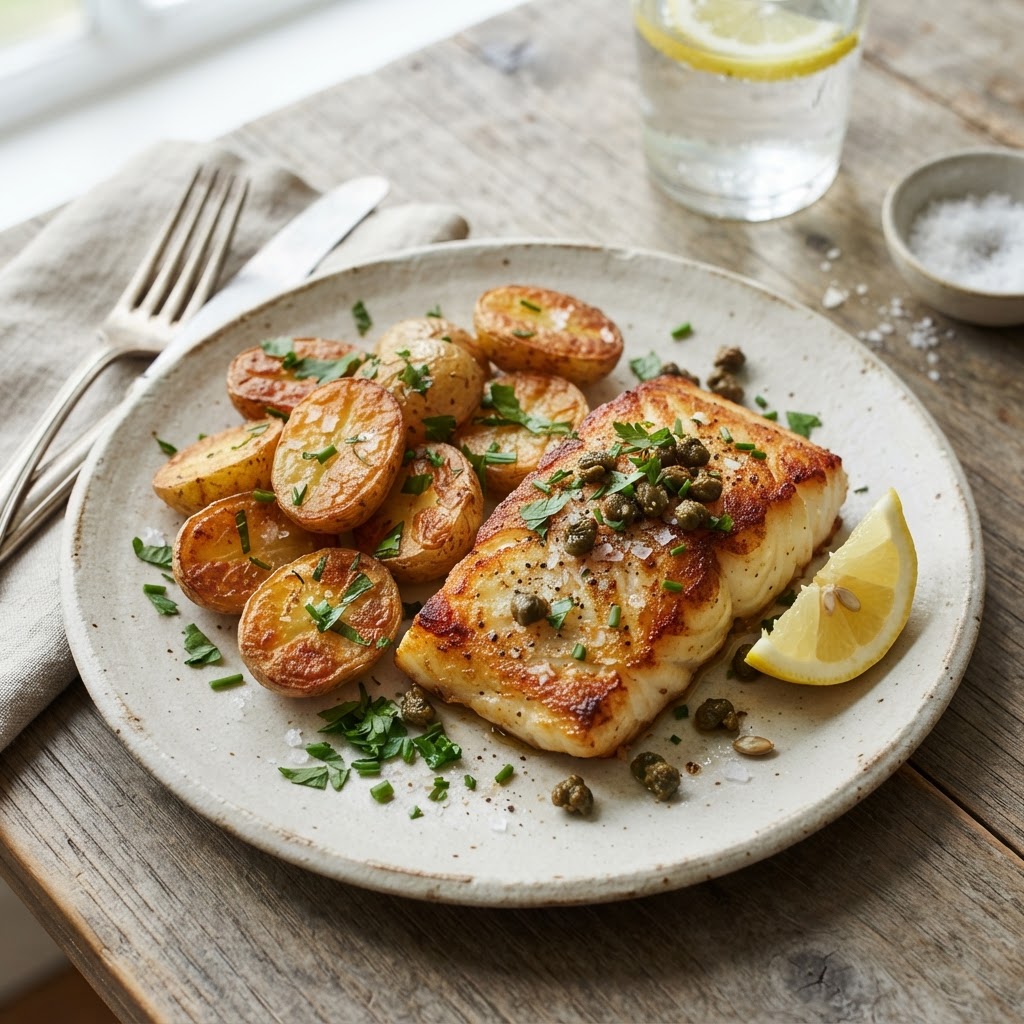 Low-FODMAP Pan-Seared Cod with Lemon-Caper Potatoes