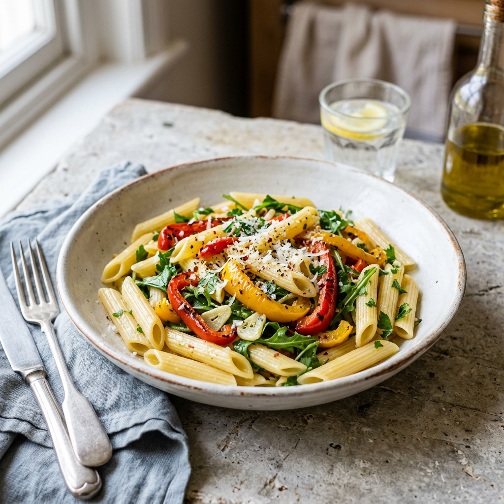 Penne with Roasted Peppers (lemony greens)