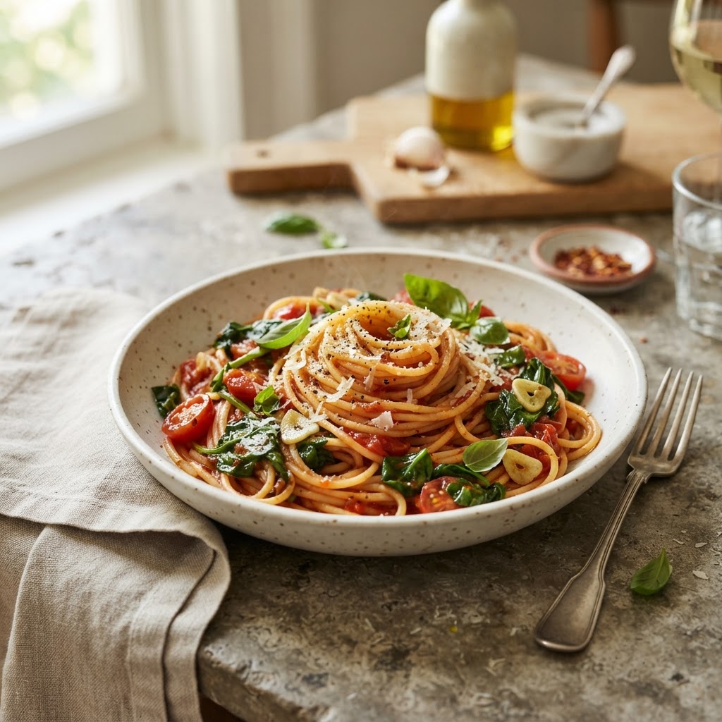 Spaghetti with Spinach (tomato-basil)