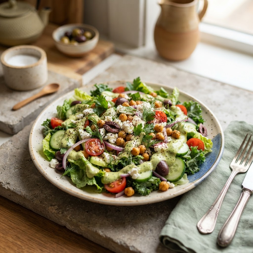 Greek Salad with Chickpeas and creamy avocado dressing