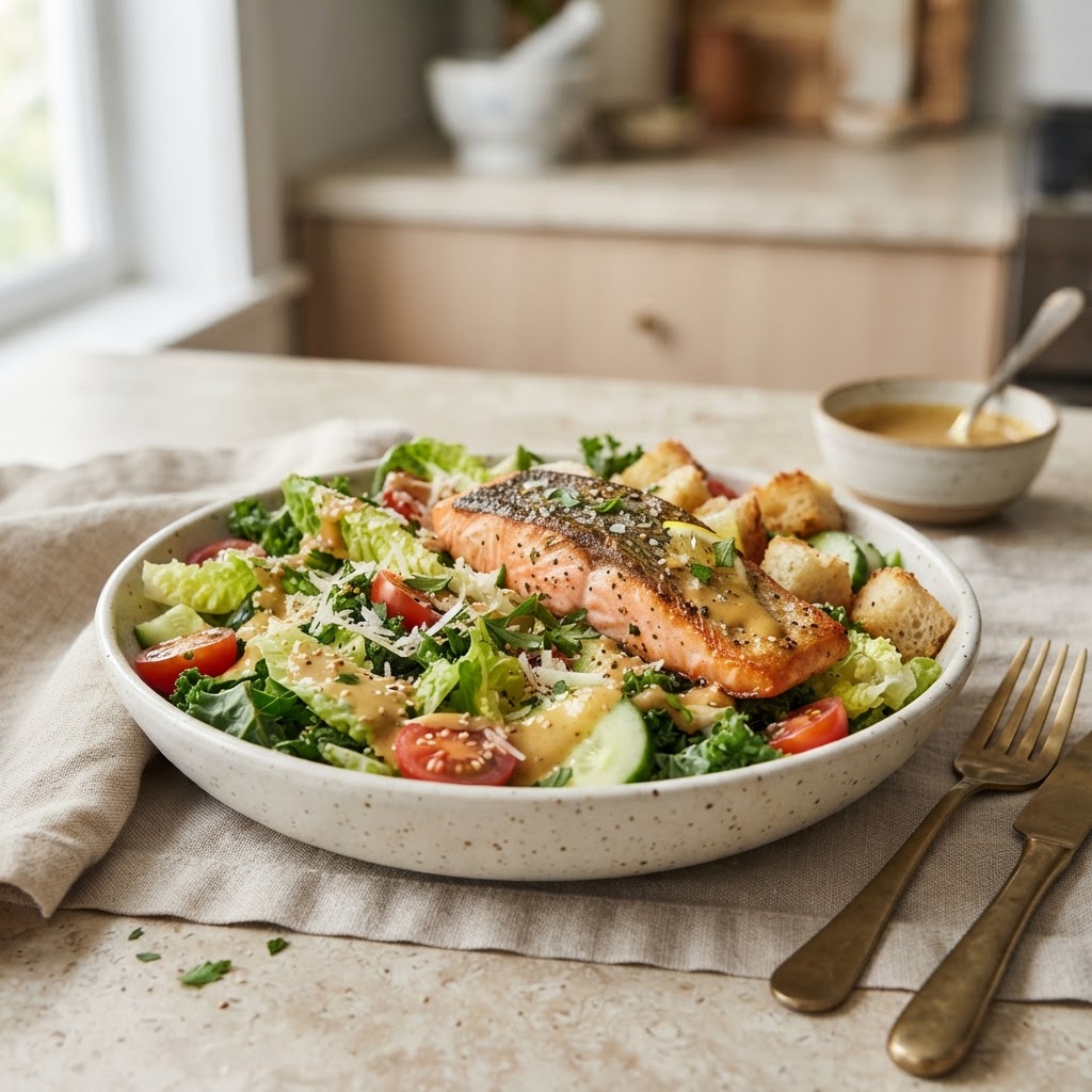Caesar-Style Salad with Salmon and tahini-lime dressing