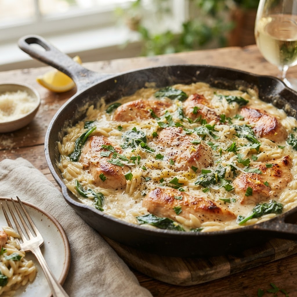 Lemon Herb Chicken Orzo Skillet