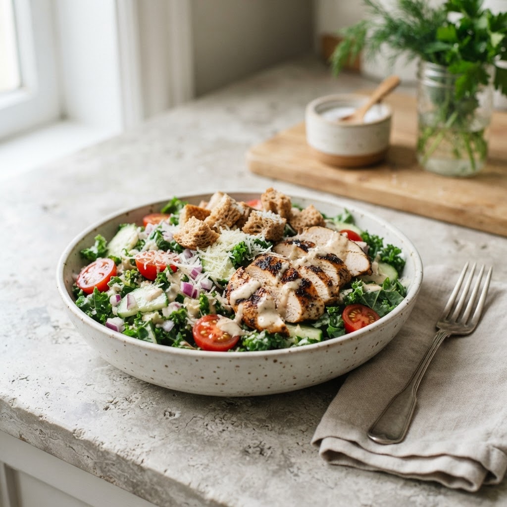 Kale Crunch Salad with Chicken and classic Caesar-style dressing