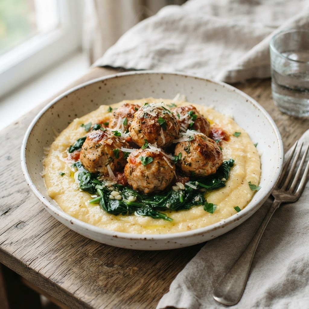 Low-FODMAP Turkey Meatballs with Creamy Polenta & Spinach
