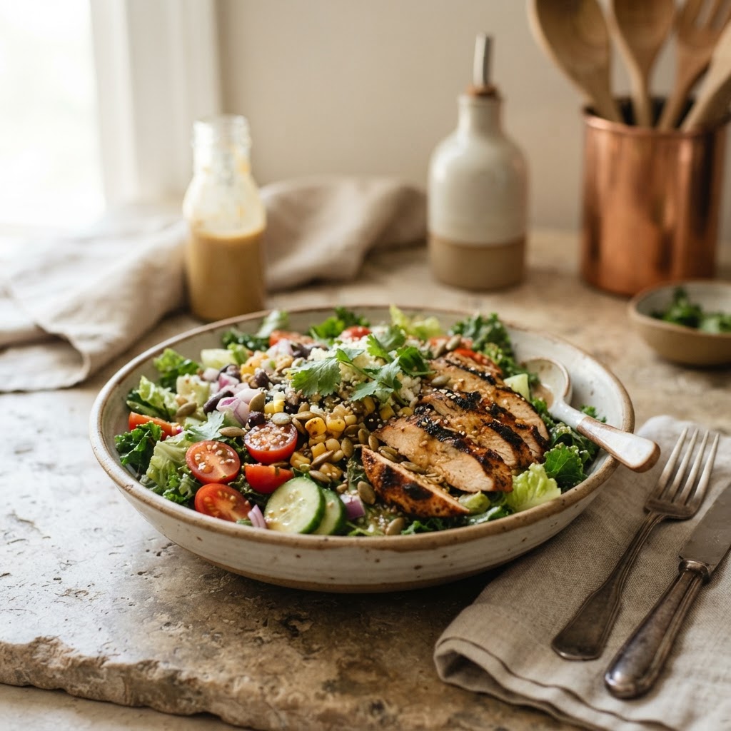 Kale Crunch Salad with Chicken and ginger-sesame dressing