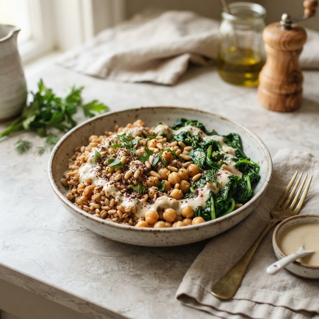 Chickpeas Farro Bowl with Sautéed Spinach and Tahini-Lemon Dressing