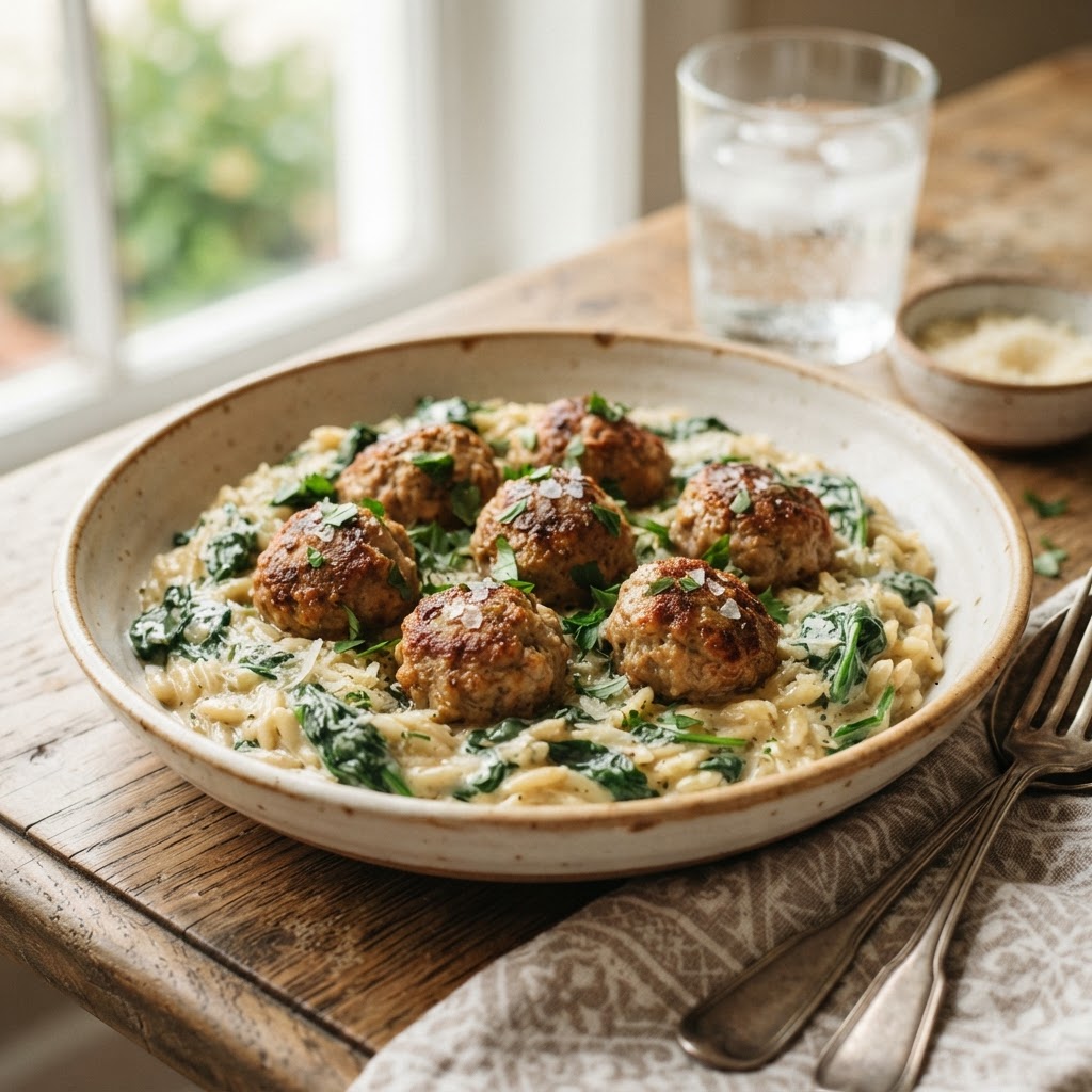 Turkey Meatballs with Creamy Parmesan Orzo