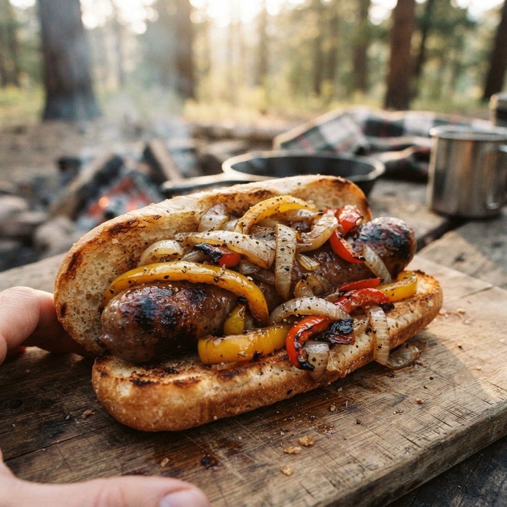 Campfire Brats with Peppers & Onions