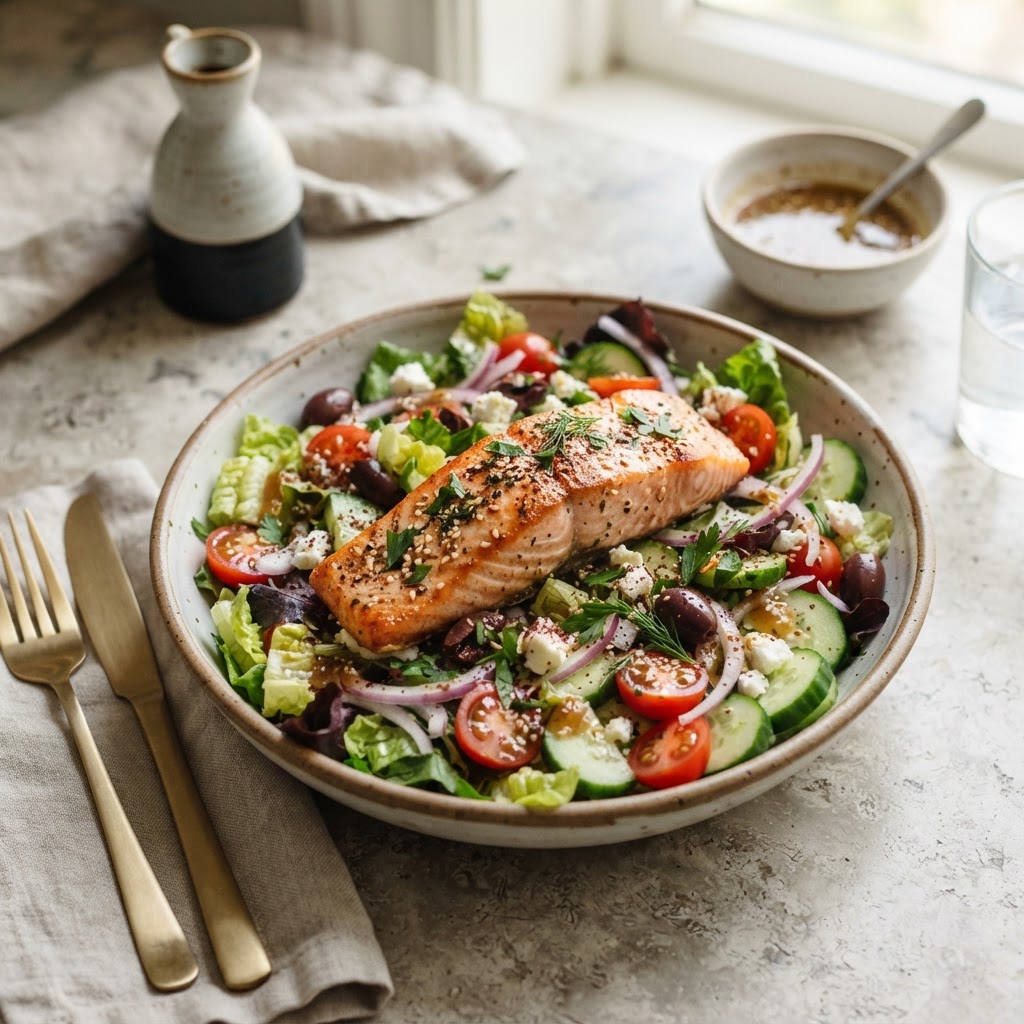 Greek Salad with Salmon and ginger-sesame dressing