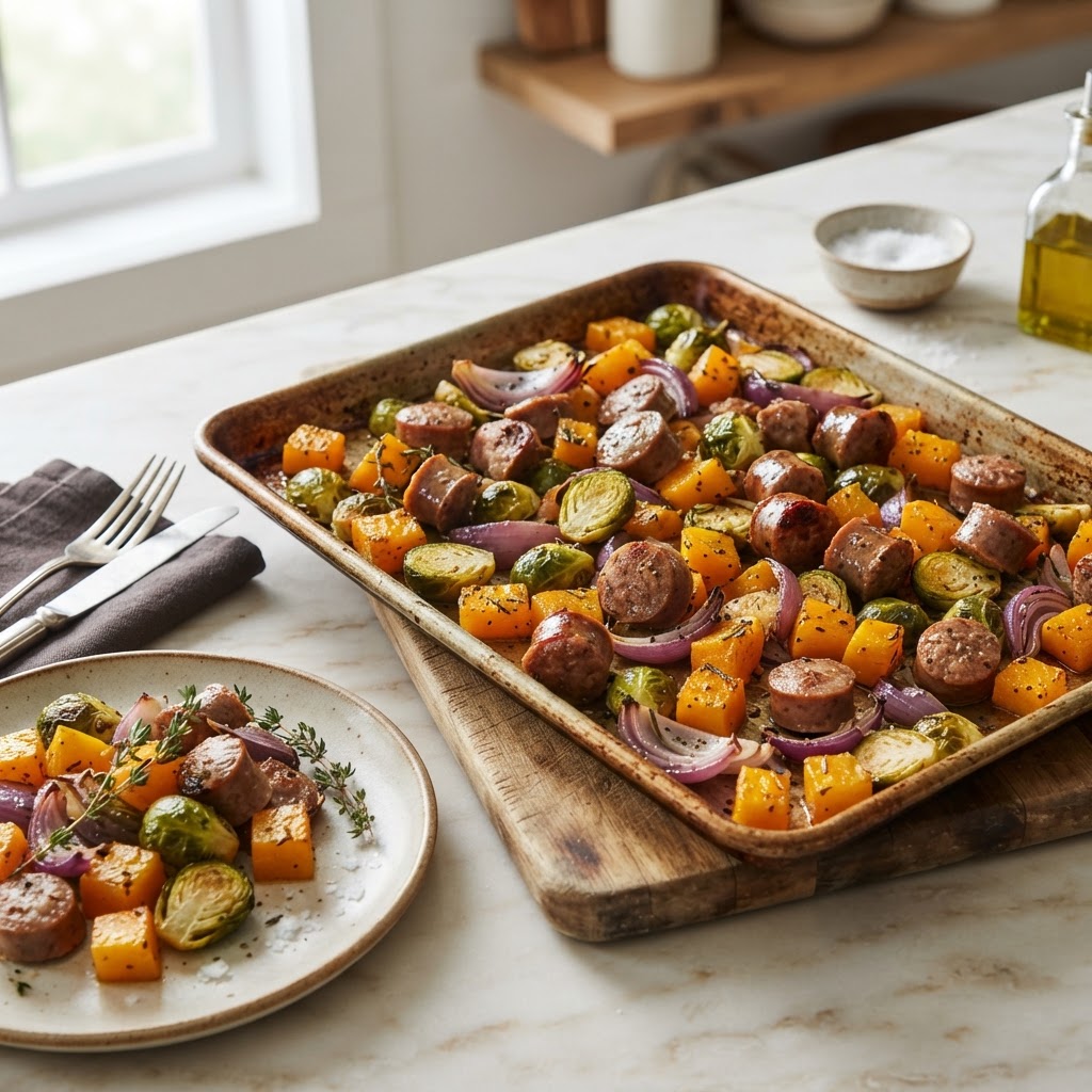 Sheet-Pan Sausage, Butternut Squash & Brussels Sprouts
