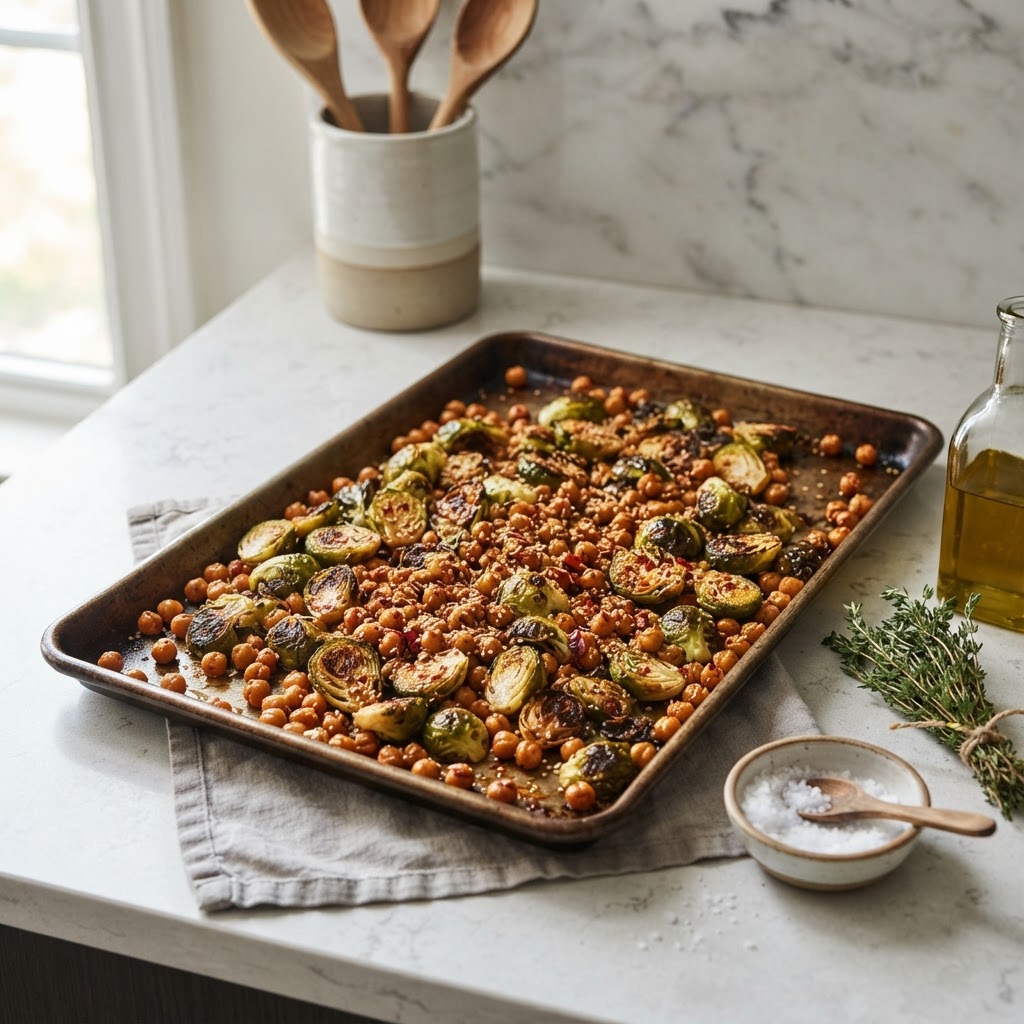 Sheet-Pan Chickpeas with Brussels Sprouts (miso-sesame + chili flakes)