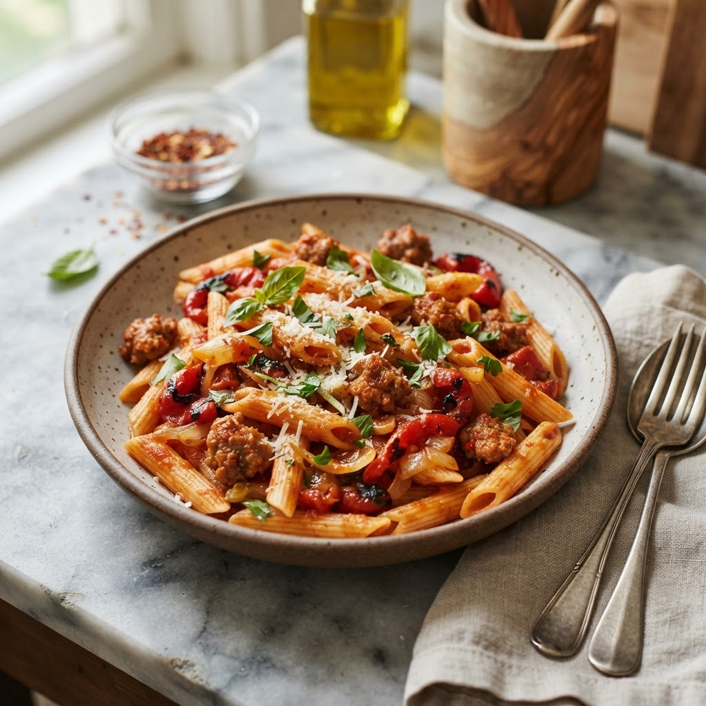 Penne with Italian Sausage & Roasted Red Peppers