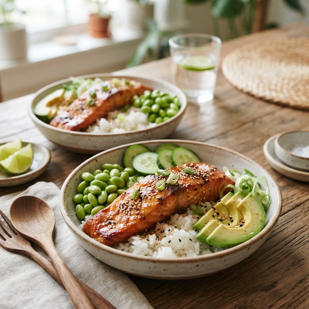 Honey Garlic Salmon Rice Bowls