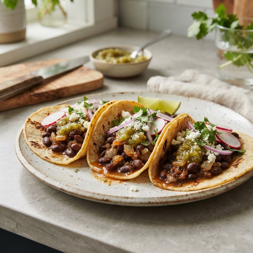 Black Bean Tacos with Roasted Tomatillo Salsa