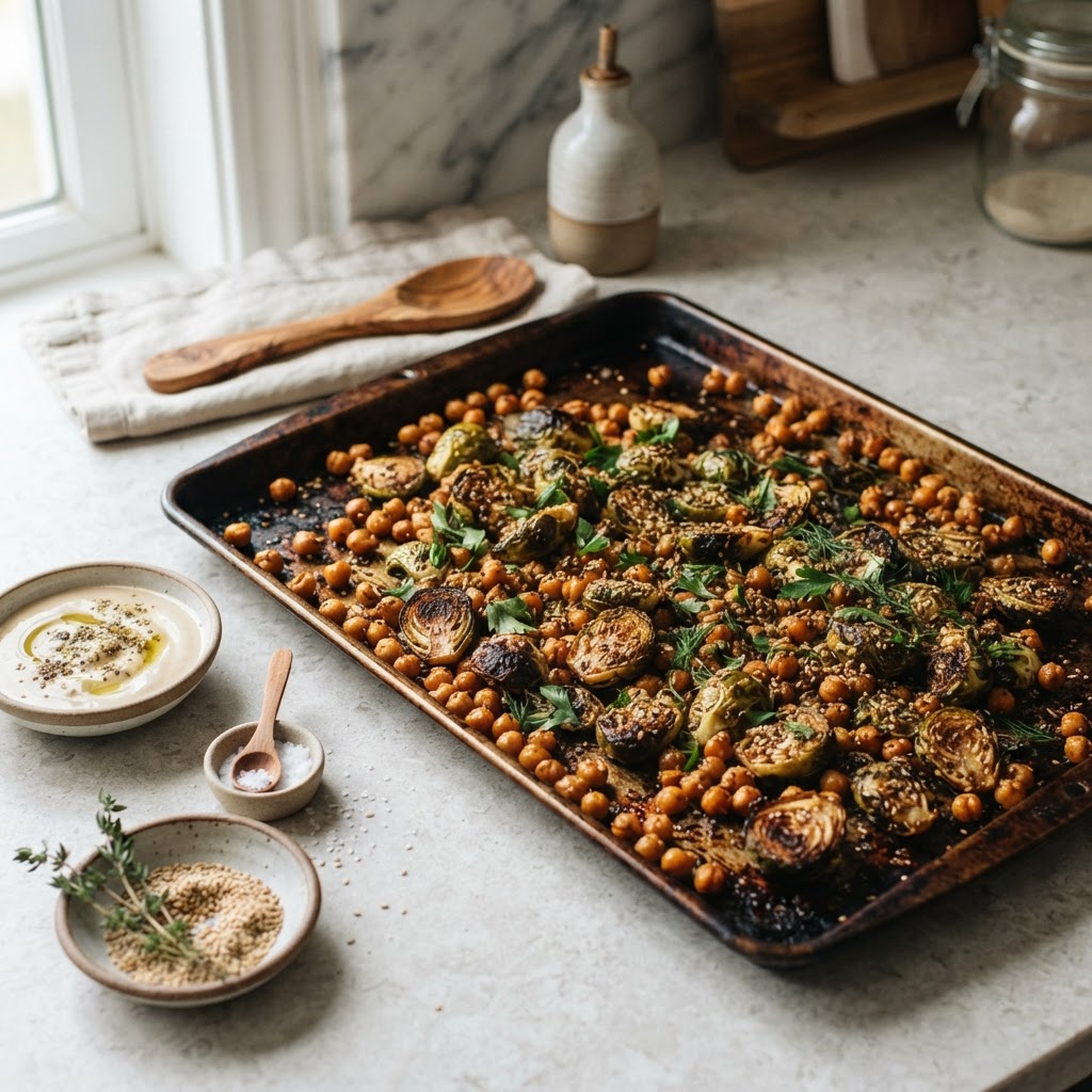 Sheet-Pan Chickpeas with Brussels Sprouts (miso-sesame + za'atar)