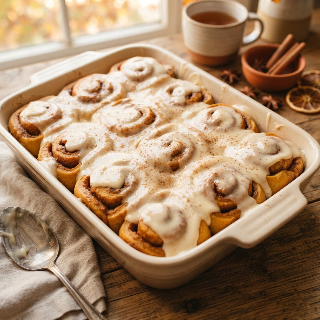 Pumpkin Spice Cinnamon Rolls with Maple Cream Cheese Frosting