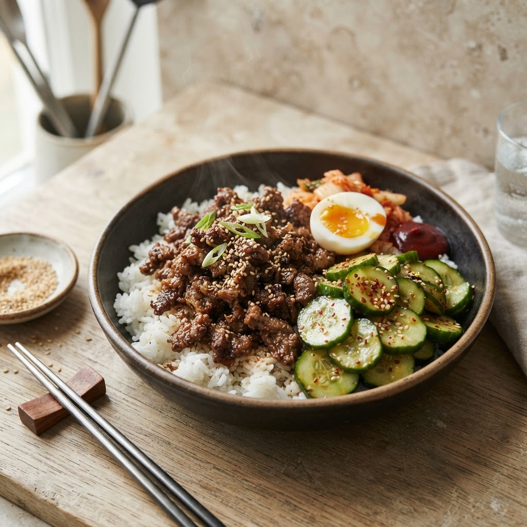 Korean Beef Rice Bowls with Cucumber