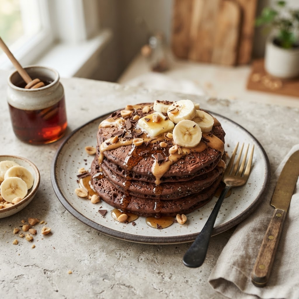 Chocolate-Peanut-Butter Protein Pancakes