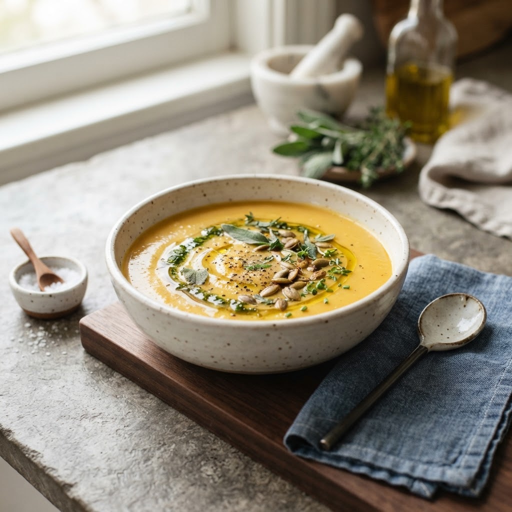 Weeknight Butternut Squash Soup with fresh herbs