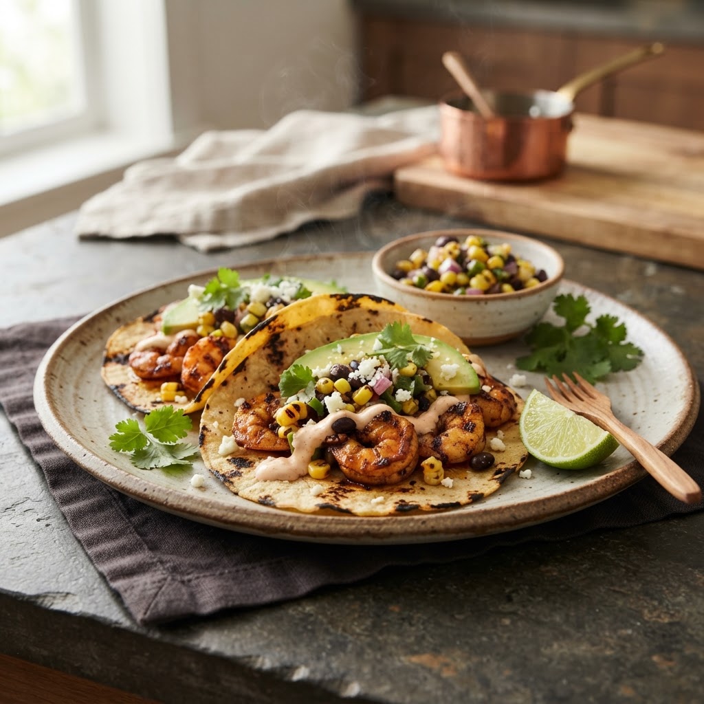 Shrimp Tacos with Smoky Corn Salsa