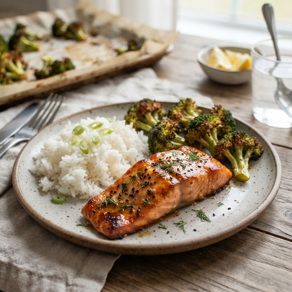 Honey Mustard Salmon with Roasted Broccoli & Rice