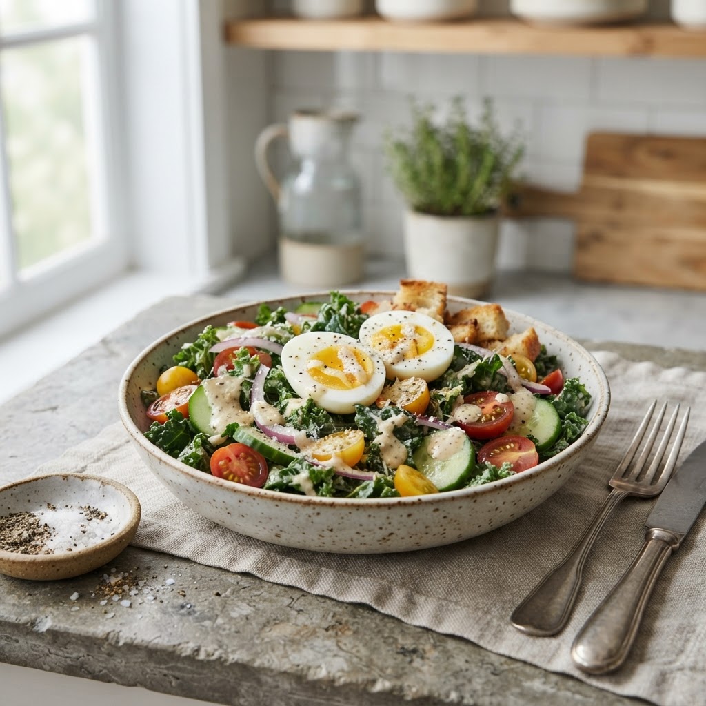 Kale Crunch Salad with Hard-Boiled Eggs and classic Caesar-style dressing